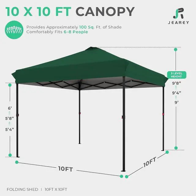Alt view image 2 of 7 - JEAREY 10x10 Pop Up Canopy Tent, Easy Up Outdoor Market Canopy, Dark-Green | Center Lock, 1-push setup, silver-coated top, wheeled bag, 4 sandbags, 8 stakes for beach, markets, camping, sports events