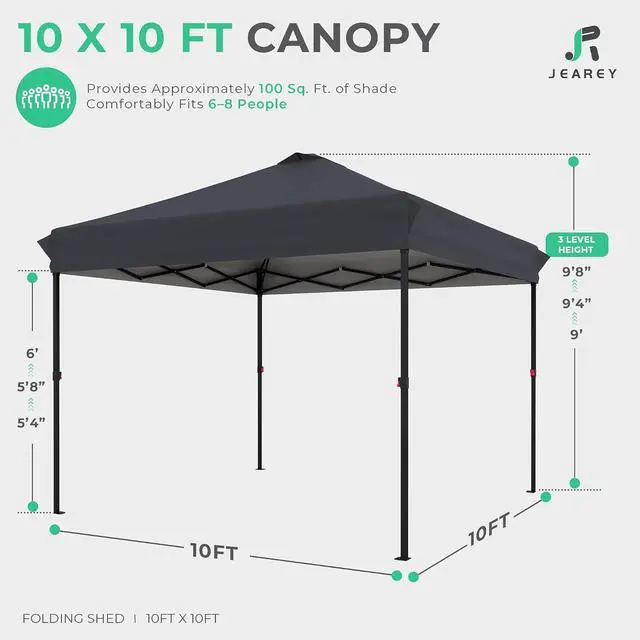 Alt view image 2 of 7 - JEAREY 10x10 Pop Up Canopy Tent, Easy Up Outdoor Market Canopy, Gray | Center Lock, 1-push setup, silver-coated top, wheeled bag, 4 sandbags, 8 stakes for beach, markets, camping, sports events