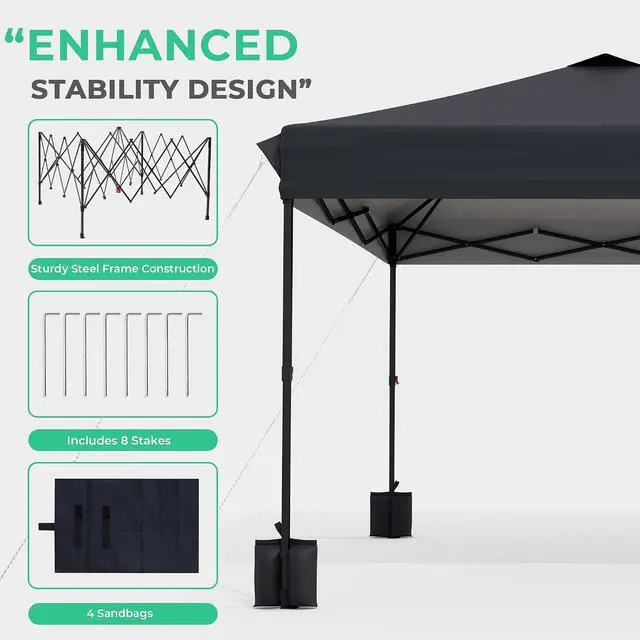 Alt view image 7 of 7 - JEAREY 10x10 Pop Up Canopy Tent, Easy Up Outdoor Market Canopy, Gray | Center Lock, 1-push setup, silver-coated top, wheeled bag, 4 sandbags, 8 stakes for beach, markets, camping, sports events