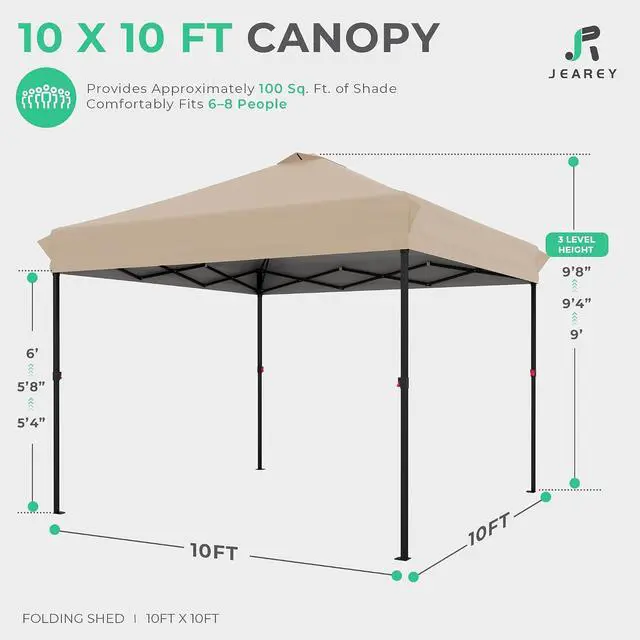 Alt view image 2 of 7 - JEAREY 10x10 Pop Up Canopy Tent, Easy Up Outdoor Market Canopy, Beige | Center Lock, 1-push setup, silver-coated top, wheeled bag, 4 sandbags, 8 stakes for beach, markets, camping, sports events