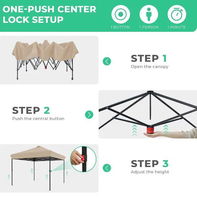 Alt view image 3 of 7 - JEAREY 10x10 Pop Up Canopy Tent, Easy Up Outdoor Market Canopy, Beige | Center Lock, 1-push setup, silver-coated top, wheeled bag, 4 sandbags, 8 stakes for beach, markets, camping, sports events