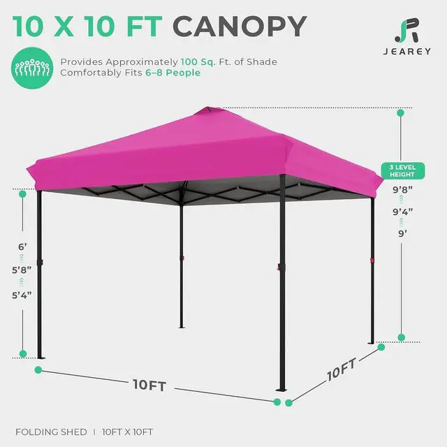 Alt view image 2 of 7 - JEAREY 10x10 Pop Up Canopy Tent, Easy Up Outdoor Market Canopy, Rose Pink | Center Lock, 1-push setup, silver-coated top, wheeled bag, 4 sandbags, 8 stakes for beach, markets, camping, sports events
