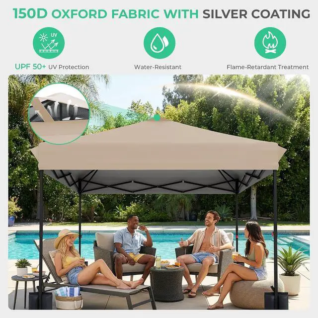 Alt view image 5 of 7 - JEAREY 10x10 Pop Up Canopy Tent, Easy Up Outdoor Market Canopy, Beige | Center Lock, 1-push setup, silver-coated top, wheeled bag, 4 sandbags, 8 stakes for beach, markets, camping, sports events