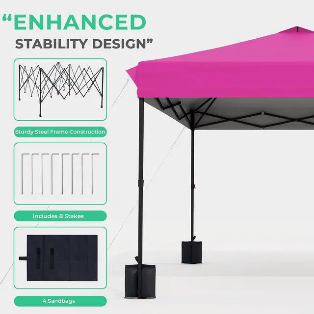 Alt view image 7 of 7 - JEAREY 10x10 Pop Up Canopy Tent, Easy Up Outdoor Market Canopy, Rose Pink | Center Lock, 1-push setup, silver-coated top, wheeled bag, 4 sandbags, 8 stakes for beach, markets, camping, sports events