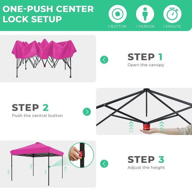 Alt view image 3 of 7 - JEAREY 10x10 Pop Up Canopy Tent, Easy Up Outdoor Market Canopy, Rose Pink | Center Lock, 1-push setup, silver-coated top, wheeled bag, 4 sandbags, 8 stakes for beach, markets, camping, sports events