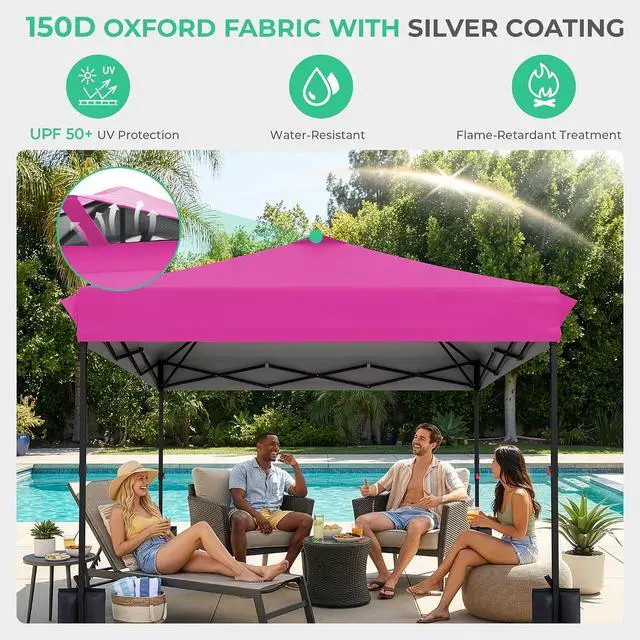 Alt view image 5 of 7 - JEAREY 10x10 Pop Up Canopy Tent, Easy Up Outdoor Market Canopy, Rose Pink | Center Lock, 1-push setup, silver-coated top, wheeled bag, 4 sandbags, 8 stakes for beach, markets, camping, sports events