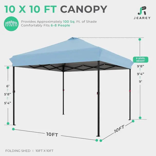 Alt view image 2 of 7 - JEAREY 10x10 Pop Up Canopy Tent, Easy Up Outdoor Market Canopy, Light Blue | Center Lock, 1-push setup, silver-coated top, wheeled bag, 4 sandbags, 8 stakes for beach, markets, camping, sports events