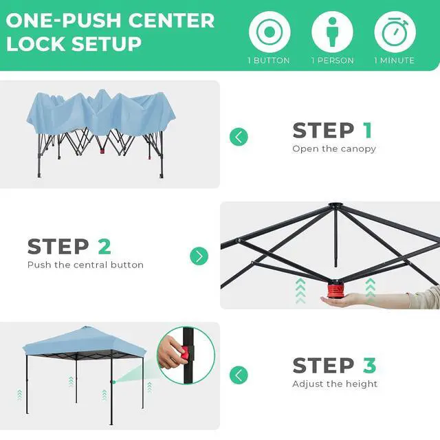 Alt view image 3 of 7 - JEAREY 10x10 Pop Up Canopy Tent, Easy Up Outdoor Market Canopy, Light Blue | Center Lock, 1-push setup, silver-coated top, wheeled bag, 4 sandbags, 8 stakes for beach, markets, camping, sports events