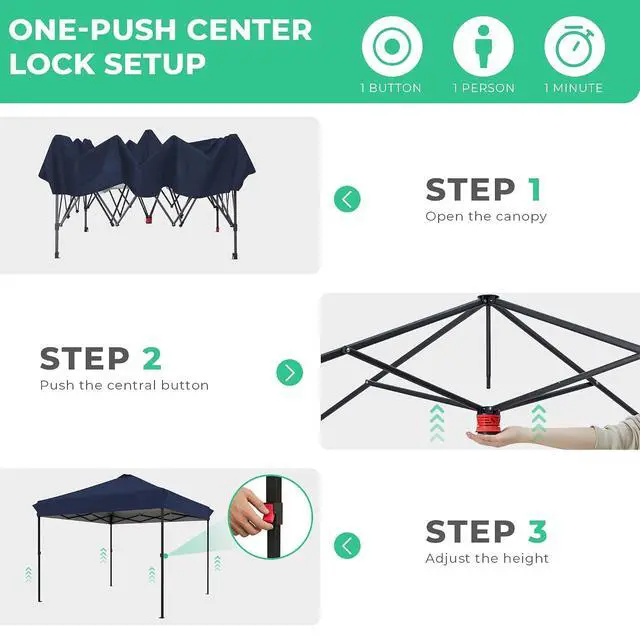 Alt view image 3 of 7 - JEAREY 10x10 Pop Up Canopy Tent, Easy Up Outdoor Market Canopy, Navy-Blue | Center Lock, 1-push setup, silver-coated top, wheeled bag, 4 sandbags, 8 stakes for beach, markets, camping, sports events