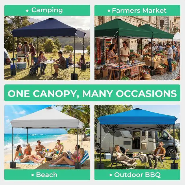 Alt view image 4 of 7 - JEAREY 10x10 Pop Up Canopy Tent, Easy Up Outdoor Market Canopy, Off-White | Center Lock, 1-push setup, silver-coated top, wheeled bag, 4 sandbags, 8 stakes for beach, markets, camping, sports events
