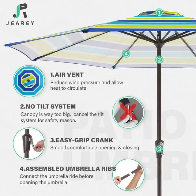 Alt view image 3 of 7 - JEAREY 11' Patio Umbrellas Outdoor Table Umbrella, Blue Green Striped | Market Umbrella with 8 Sturdy Ribs, UV Protection Windproof for Garden, Deck, Backyard, Pool