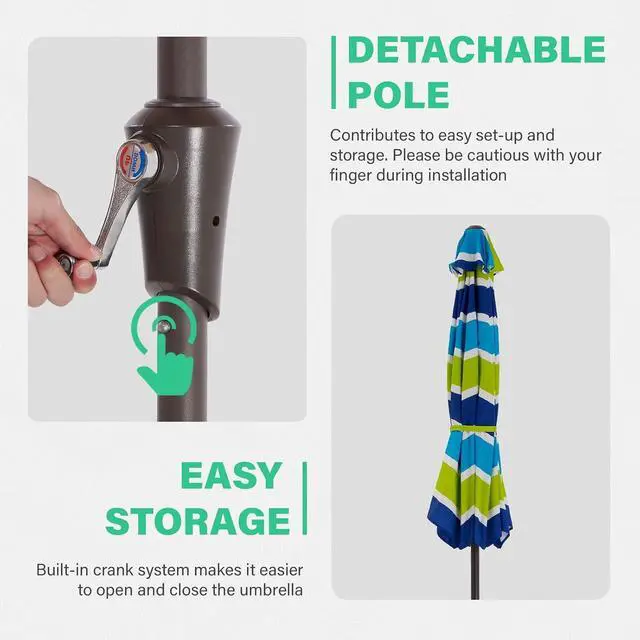 Alt view image 5 of 7 - JEAREY 11' Patio Umbrellas Outdoor Table Umbrella, Blue Green Striped | Market Umbrella with 8 Sturdy Ribs, UV Protection Windproof for Garden, Deck, Backyard, Pool