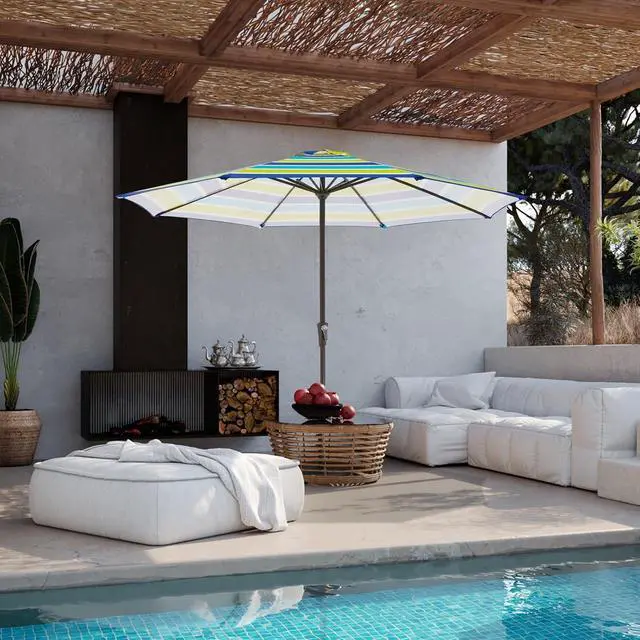 Alt view image 6 of 7 - JEAREY 11' Patio Umbrellas Outdoor Table Umbrella, Blue Green Striped | Market Umbrella with 8 Sturdy Ribs, UV Protection Windproof for Garden, Deck, Backyard, Pool