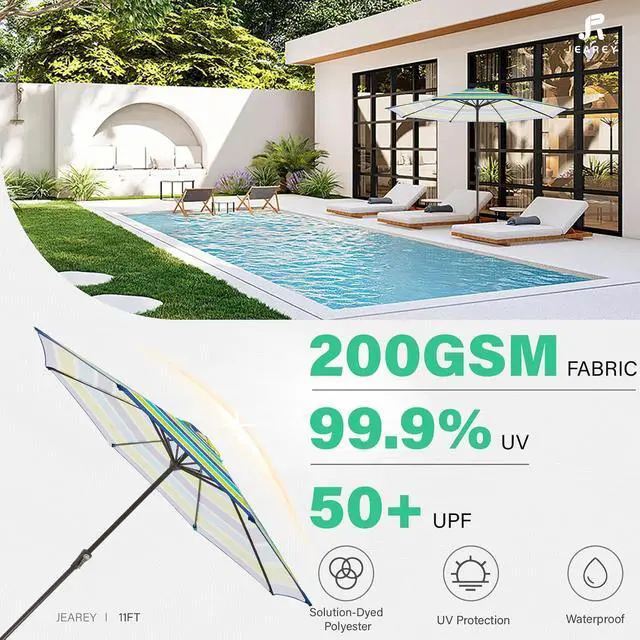 Alt view image 7 of 7 - JEAREY 11' Patio Umbrellas Outdoor Table Umbrella, Blue Green Striped | Market Umbrella with 8 Sturdy Ribs, UV Protection Windproof for Garden, Deck, Backyard, Pool