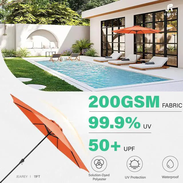 Alt view image 2 of 7 - JEAREY 11' Patio Umbrellas Outdoor Table Umbrella, Orange | Market Umbrella with 8 Sturdy Ribs, UV Protection Windproof for Garden, Deck, Backyard, Pool