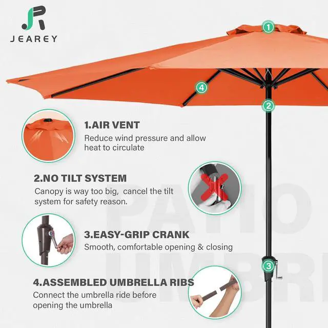 Alt view image 3 of 7 - JEAREY 11' Patio Umbrellas Outdoor Table Umbrella, Orange | Market Umbrella with 8 Sturdy Ribs, UV Protection Windproof for Garden, Deck, Backyard, Pool
