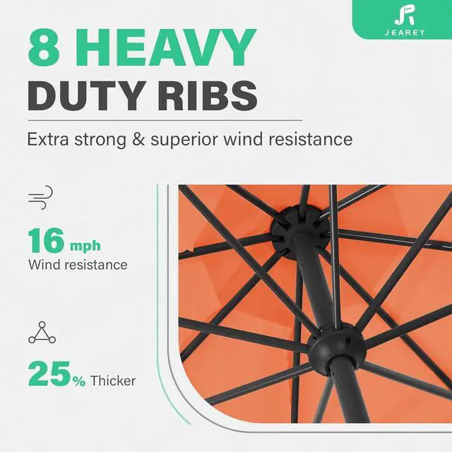 Alt view image 4 of 7 - JEAREY 11' Patio Umbrellas Outdoor Table Umbrella, Orange | Market Umbrella with 8 Sturdy Ribs, UV Protection Windproof for Garden, Deck, Backyard, Pool