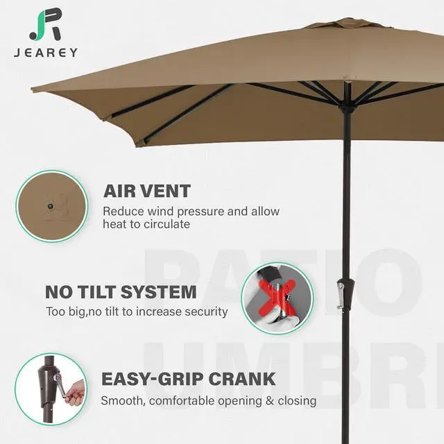 Alt view image 3 of 7 - JEAREY 8 * 10' Patio Umbrellas Outdoor Table Umbrella, Sand | Market Umbrella with 8 Sturdy Ribs, UV Protection Windproof for Garden, Deck, Backyard, Pool