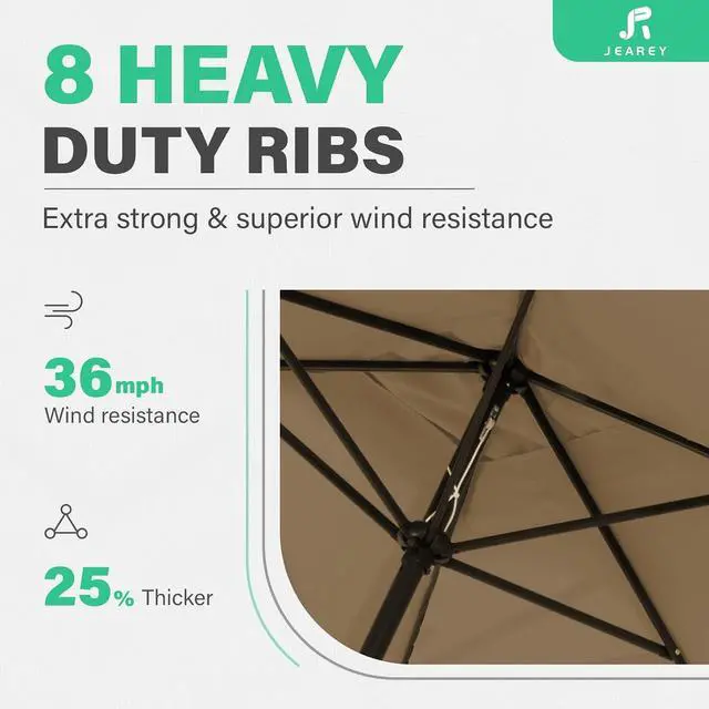 Alt view image 4 of 7 - JEAREY 8 * 10' Patio Umbrellas Outdoor Table Umbrella, Sand | Market Umbrella with 8 Sturdy Ribs, UV Protection Windproof for Garden, Deck, Backyard, Pool