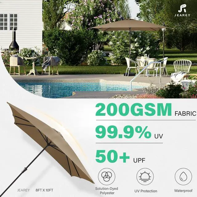 Alt view image 6 of 7 - JEAREY 8 * 10' Patio Umbrellas Outdoor Table Umbrella, Sand | Market Umbrella with 8 Sturdy Ribs, UV Protection Windproof for Garden, Deck, Backyard, Pool