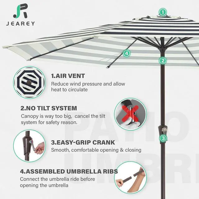 Alt view image 4 of 7 - JEAREY 11' Patio Umbrellas Outdoor Table Umbrella, Beige & Black Striped | Market Umbrella with 8 Sturdy Ribs, UV Protection Windproof for Garden, Deck, Backyard, Pool