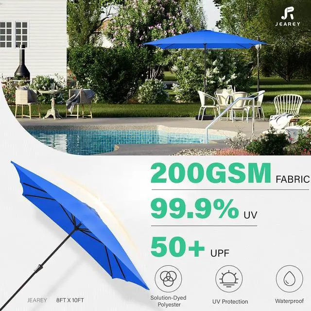 Alt view image 3 of 6 - JEAREY 8 * 10' Patio Umbrellas Outdoor Table Umbrella, Royal Blue | Market Umbrella with 8 Sturdy Ribs, UV Protection Windproof for Garden, Deck, Backyard, Pool
