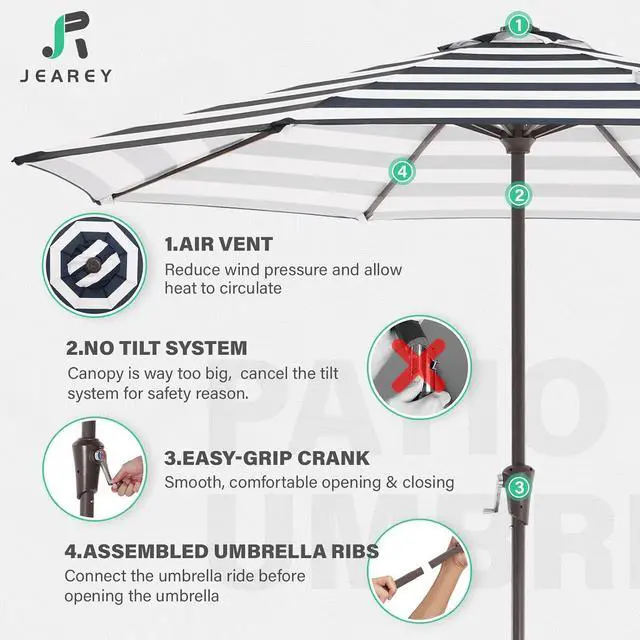 Alt view image 3 of 7 - JEAREY 11' Patio Umbrellas Outdoor Table Umbrella, Black Striped | Market Umbrella with 8 Sturdy Ribs, UV Protection Windproof for Garden, Deck, Backyard, Pool