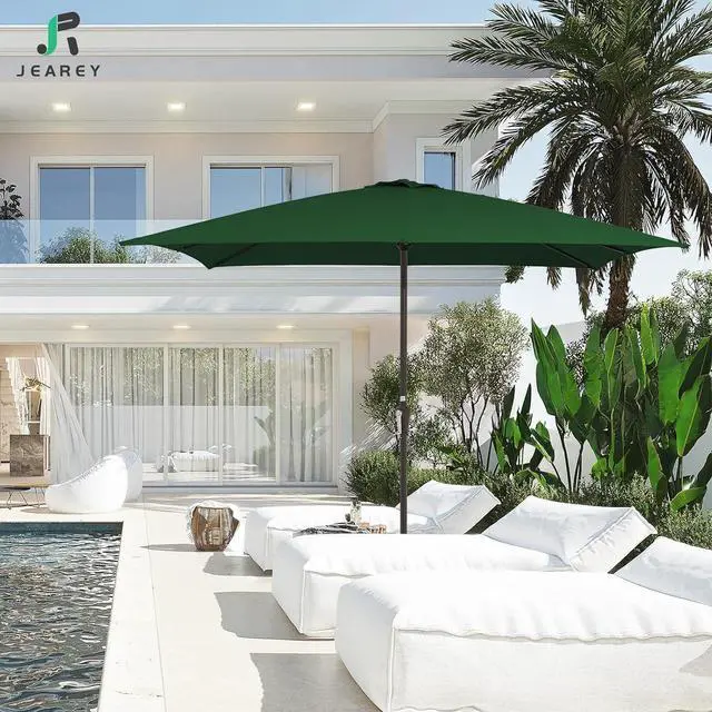 Alt view image 2 of 7 - JEAREY 8 * 10' Patio Umbrellas Outdoor Table Umbrella, Dark Green | Market Umbrella with 8 Sturdy Ribs, UV Protection Windproof for Garden, Deck, Backyard, Pool