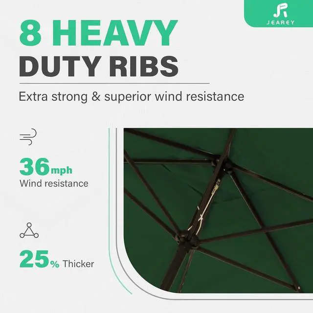 Alt view image 4 of 7 - JEAREY 8 * 10' Patio Umbrellas Outdoor Table Umbrella, Dark Green | Market Umbrella with 8 Sturdy Ribs, UV Protection Windproof for Garden, Deck, Backyard, Pool