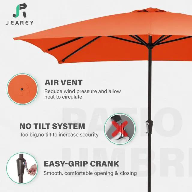 Alt view image 3 of 7 - JEAREY 8 * 10' Patio Umbrellas Outdoor Table Umbrella, Orange | Market Umbrella with 8 Sturdy Ribs, UV Protection Windproof for Garden, Deck, Backyard, Pool