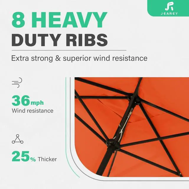 Alt view image 4 of 7 - JEAREY 8 * 10' Patio Umbrellas Outdoor Table Umbrella, Orange | Market Umbrella with 8 Sturdy Ribs, UV Protection Windproof for Garden, Deck, Backyard, Pool