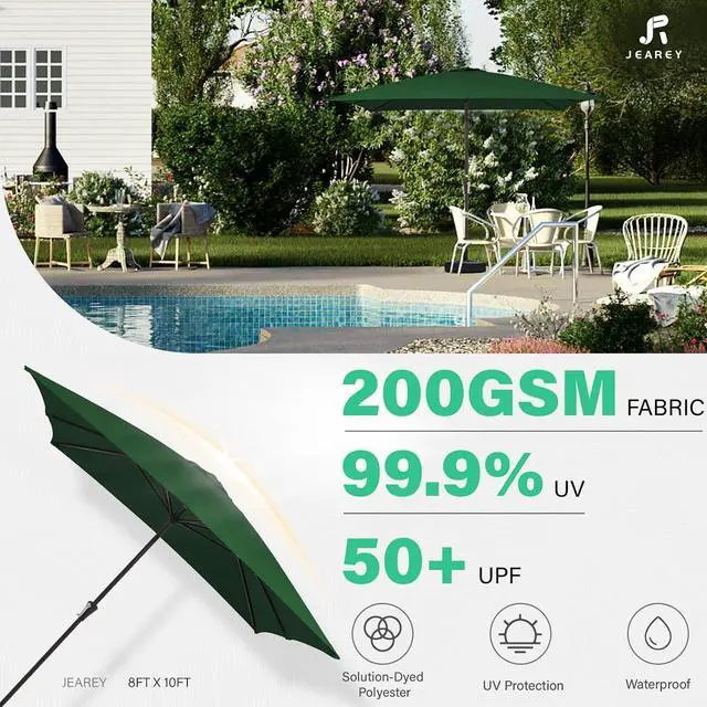 Alt view image 6 of 7 - JEAREY 8 * 10' Patio Umbrellas Outdoor Table Umbrella, Dark Green | Market Umbrella with 8 Sturdy Ribs, UV Protection Windproof for Garden, Deck, Backyard, Pool