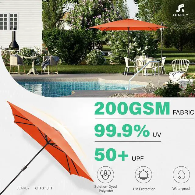 Alt view image 7 of 7 - JEAREY 8 * 10' Patio Umbrellas Outdoor Table Umbrella, Orange | Market Umbrella with 8 Sturdy Ribs, UV Protection Windproof for Garden, Deck, Backyard, Pool