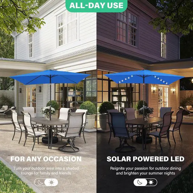 Alt view image 2 of 7 - JEAREY 6.5x10' Rectangle LED Lighted Umbrella Patio Umbrella Outdoor w/Tilt | Solar Market Umbrellas with 6 Sturdy Ribs, UV Protection Waterproof Sunproof for Pool, Deck, Backyard(Royal Blue)