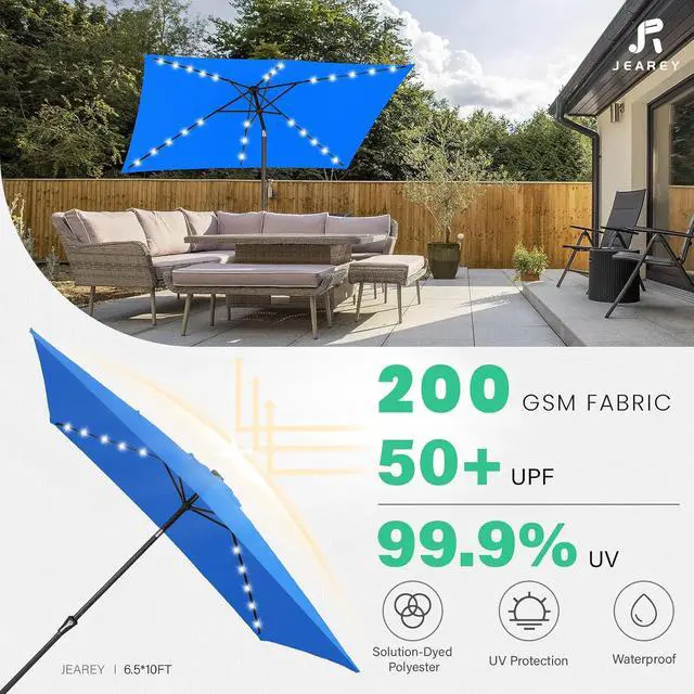 Alt view image 3 of 7 - JEAREY 6.5x10' Rectangle LED Lighted Umbrella Patio Umbrella Outdoor w/Tilt | Solar Market Umbrellas with 6 Sturdy Ribs, UV Protection Waterproof Sunproof for Pool, Deck, Backyard(Royal Blue)