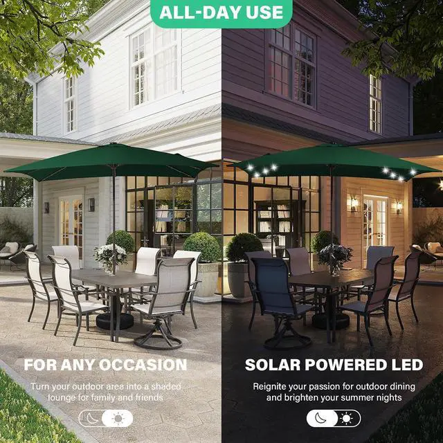Alt view image 2 of 7 - JEAREY 8x10' Rectangle LED Lighted Umbrella Patio Umbrella Outdoor w/Crank | Solar Market Umbrellas with 8 Sturdy Ribs, UV Protection Waterproof Sunproof for Pool, Deck, Backyard(Dark Green)