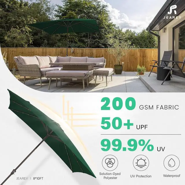 Alt view image 3 of 7 - JEAREY 8x10' Rectangle LED Lighted Umbrella Patio Umbrella Outdoor w/Crank | Solar Market Umbrellas with 8 Sturdy Ribs, UV Protection Waterproof Sunproof for Pool, Deck, Backyard(Dark Green)