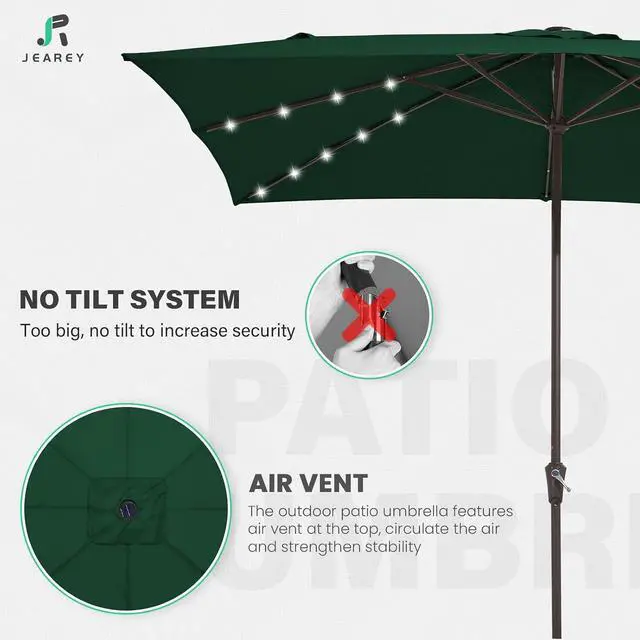 Alt view image 7 of 7 - JEAREY 8x10' Rectangle LED Lighted Umbrella Patio Umbrella Outdoor w/Crank | Solar Market Umbrellas with 8 Sturdy Ribs, UV Protection Waterproof Sunproof for Pool, Deck, Backyard(Dark Green)