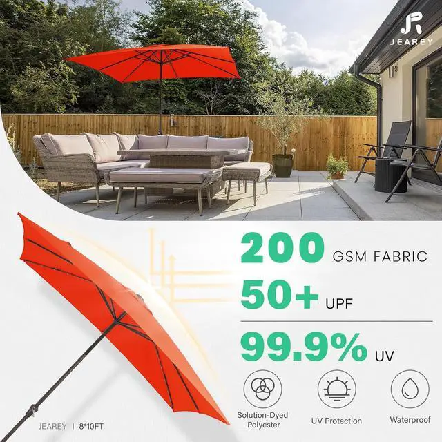 Alt view image 3 of 7 - JEAREY 8x10' Rectangle LED Lighted Umbrella Patio Umbrella Outdoor w/Crank | Solar Market Umbrellas with 8 Sturdy Ribs, UV Protection Waterproof Sunproof for Pool, Deck, Backyard(Orange)