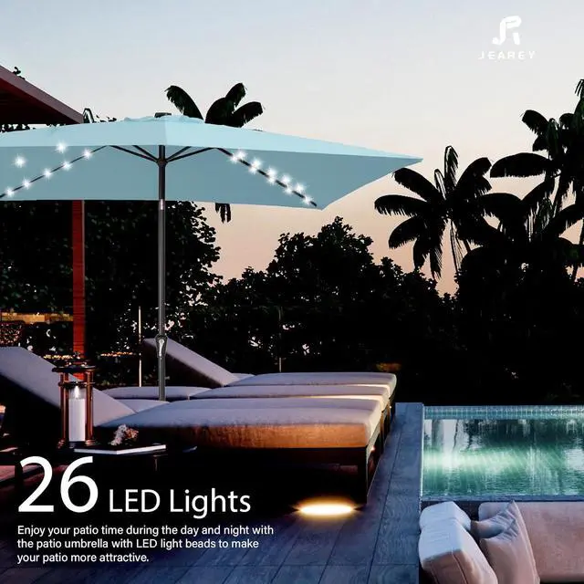 Alt view image 3 of 7 - JEAREY 6.5x10' Rectangle LED Lighted Umbrella Patio Umbrella Outdoor w/Tilt | Solar Market Umbrellas with 6 Sturdy Ribs, UV Protection Waterproof Sunproof for Pool, Deck, Backyard(Lake Blue)