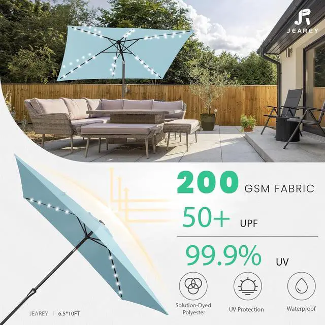 Alt view image 5 of 7 - JEAREY 6.5x10' Rectangle LED Lighted Umbrella Patio Umbrella Outdoor w/Tilt | Solar Market Umbrellas with 6 Sturdy Ribs, UV Protection Waterproof Sunproof for Pool, Deck, Backyard(Lake Blue)