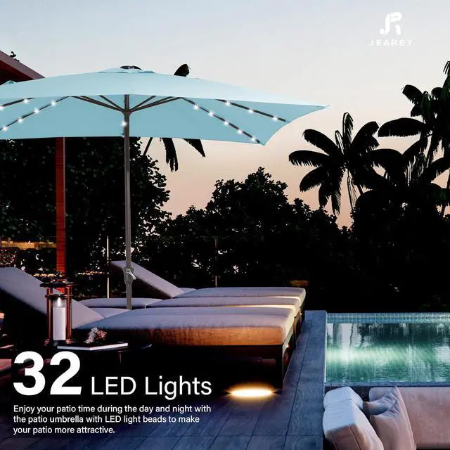 Alt view image 3 of 7 - JEAREY 8x10' Rectangle LED Lighted Umbrella Patio Umbrella Outdoor w/Crank | Solar Market Umbrellas with 8 Sturdy Ribs, UV Protection Waterproof Sunproof for Pool, Deck, Backyard(Lake Blue)