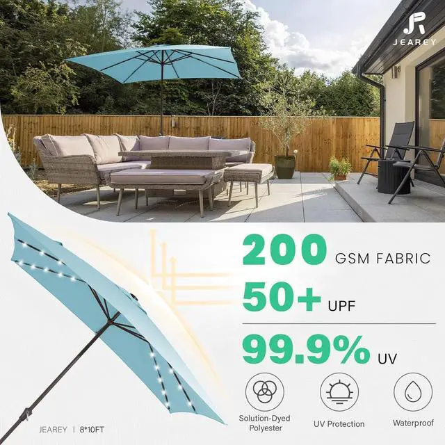 Alt view image 6 of 7 - JEAREY 8x10' Rectangle LED Lighted Umbrella Patio Umbrella Outdoor w/Crank | Solar Market Umbrellas with 8 Sturdy Ribs, UV Protection Waterproof Sunproof for Pool, Deck, Backyard(Lake Blue)