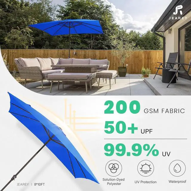 Alt view image 3 of 7 - JEAREY 8x10' Rectangle LED Lighted Umbrella Patio Umbrella Outdoor w/Crank | Solar Market Umbrellas with 8 Sturdy Ribs, UV Protection Waterproof Sunproof for Pool, Deck, Backyard(Royal Blue)