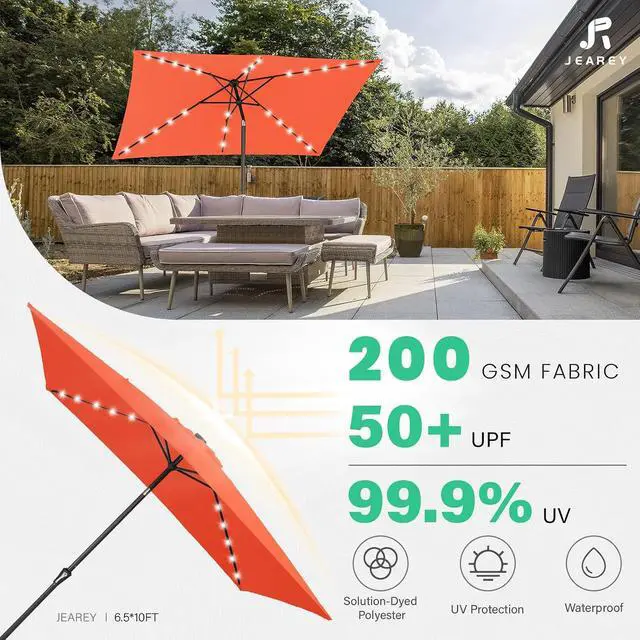 Alt view image 3 of 7 - JEAREY 6.5x10' Rectangle LED Lighted Umbrella Patio Umbrella Outdoor w/Tilt | Solar Market Umbrellas with 6 Sturdy Ribs, UV Protection Waterproof Sunproof for Pool, Deck, Backyard(Orange)