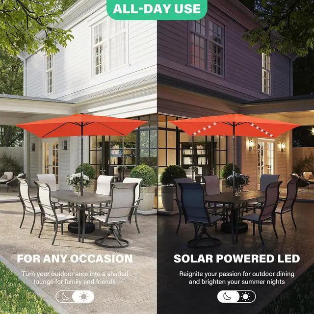 Alt view image 2 of 7 - JEAREY 6.5x10' Rectangle LED Lighted Umbrella Patio Umbrella Outdoor w/Tilt | Solar Market Umbrellas with 6 Sturdy Ribs, UV Protection Waterproof Sunproof for Pool, Deck, Backyard(Orange)