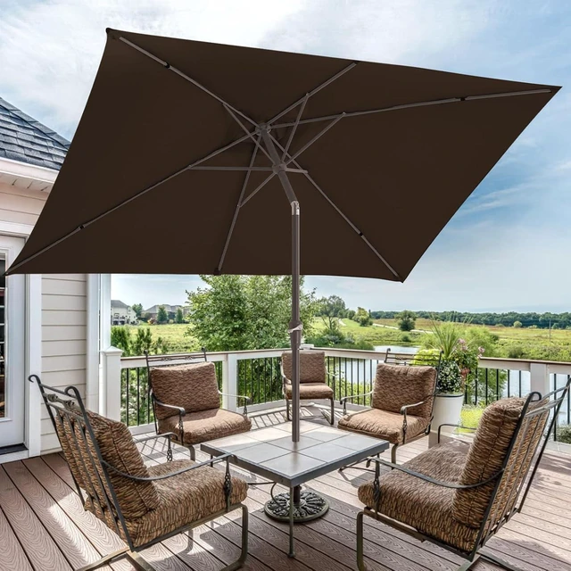 Alt view image 6 of 7 - JEAREY 6.5x10 ft Rectangular Patio Umbrellas Rectangle Outdoor Umbrella with Push Button Tilt and Crank, Market Table Umbrella 6 Sturdy Ribs UV Protection for Poolside Garden Backyard Deck, Brown