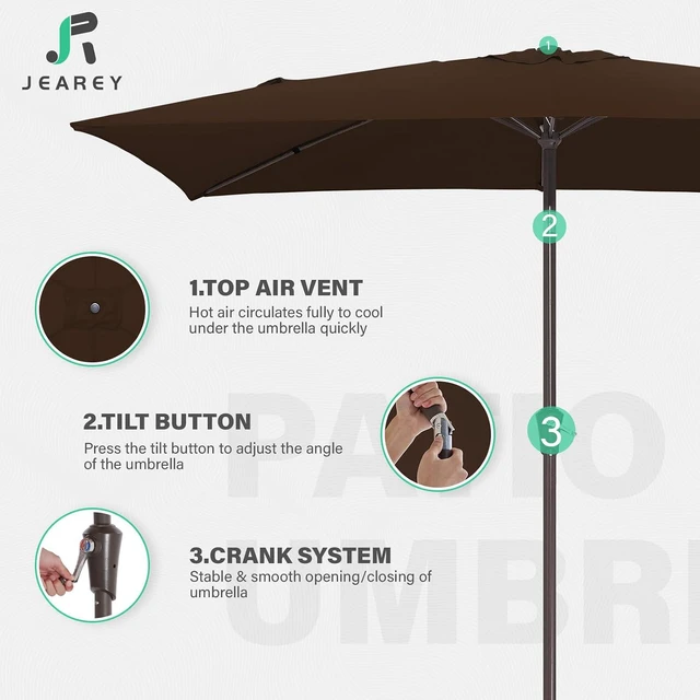 Alt view image 7 of 7 - JEAREY 6.5x10 ft Rectangular Patio Umbrellas Rectangle Outdoor Umbrella with Push Button Tilt and Crank, Market Table Umbrella 6 Sturdy Ribs UV Protection for Poolside Garden Backyard Deck, Brown