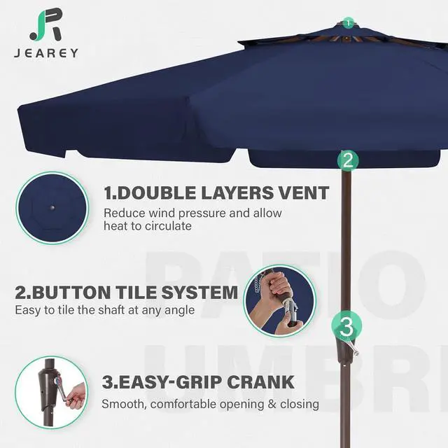 Alt view image 3 of 7 - JEAREY 9' 2-Tiers Patio Umbrellas Outdoor Market Table Umbrella w/Push Button Tilt/Crank, 8 Sturdy Ribs, UV Protection Waterproof Sunproof(Navy Blue)