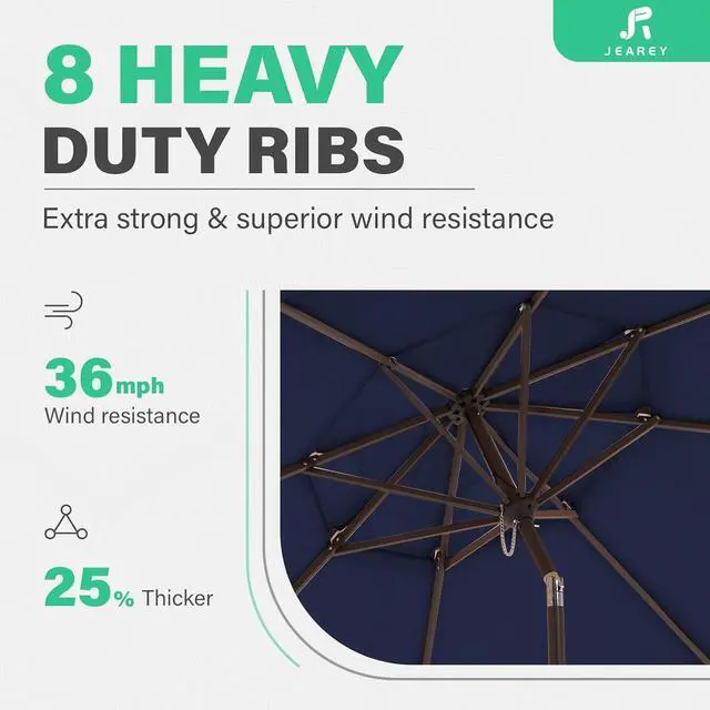 Alt view image 4 of 7 - JEAREY 9' 2-Tiers Patio Umbrellas Outdoor Market Table Umbrella w/Push Button Tilt/Crank, 8 Sturdy Ribs, UV Protection Waterproof Sunproof(Navy Blue)